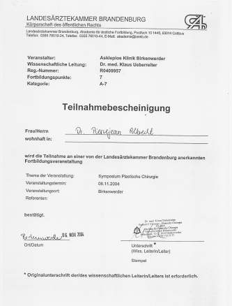 Dr. Pierjean (pier) Albrecht - Birkenwerder Plastic Surgery Symposium Certificate 2004 - Berlin 2004