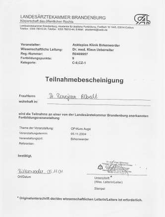 Dr. Pierjean (pier) Albrecht - Birkenwerder Plastic Surgery Symposium Certificate 2004 - Berlin 2004