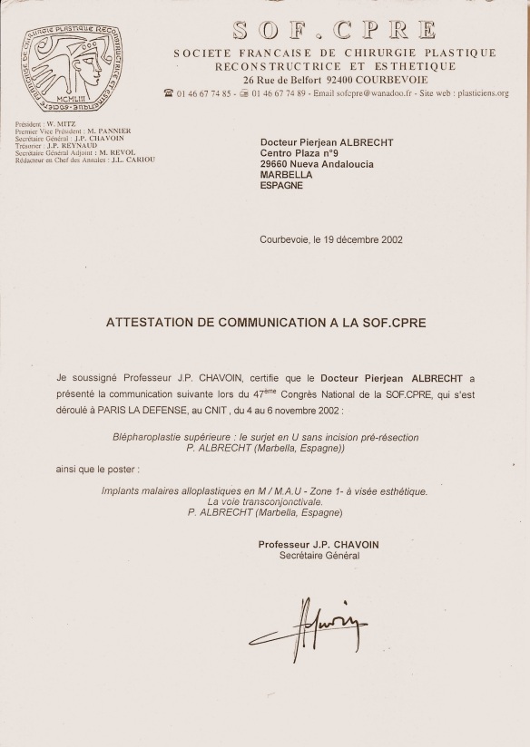 Attestation de Communication Ã  la SOFCPRE -  pierjean albrecht - CongrÃ©s National 2002