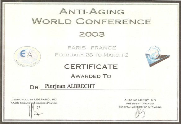 Certificat Anti-Ageing World Conference 2003 - Pierjean Albrecht