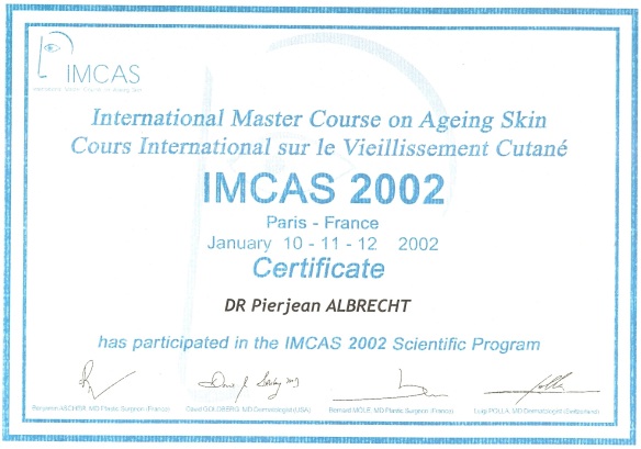 Certificat de participation au programme scientifique - IMCAS 2002 -  pierjean albrecht